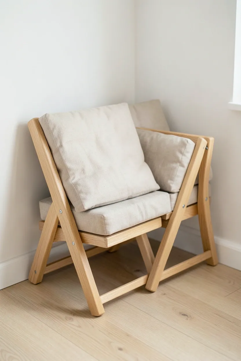 Elegant folding chairs in pale wood stacked neatly in a corner of a small Nordic rental living room