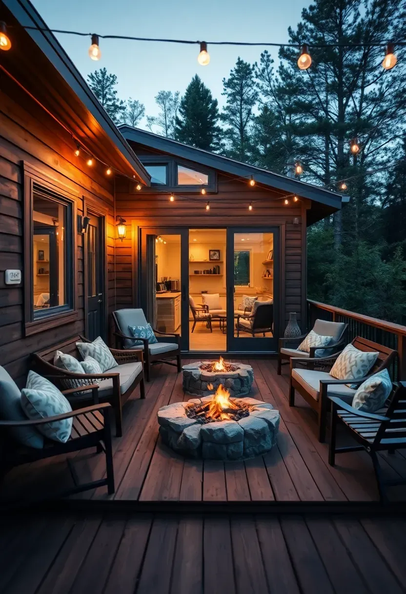 Hyper-realistic 3/4 view of a tiny house with an expanded outdoor living space including a deck with seating, string lights, and a small fire pit area. Materials: cedar decking, outdoor furniture, stone fire pit ring. Warm evening lighting with string lights glowing. Outdoor sanctuary mood with seamless transition from interior to exterior living. Shallow depth of field, sharp deck details, inviting outdoor composition. No text, no logos, no watermarks.</p>