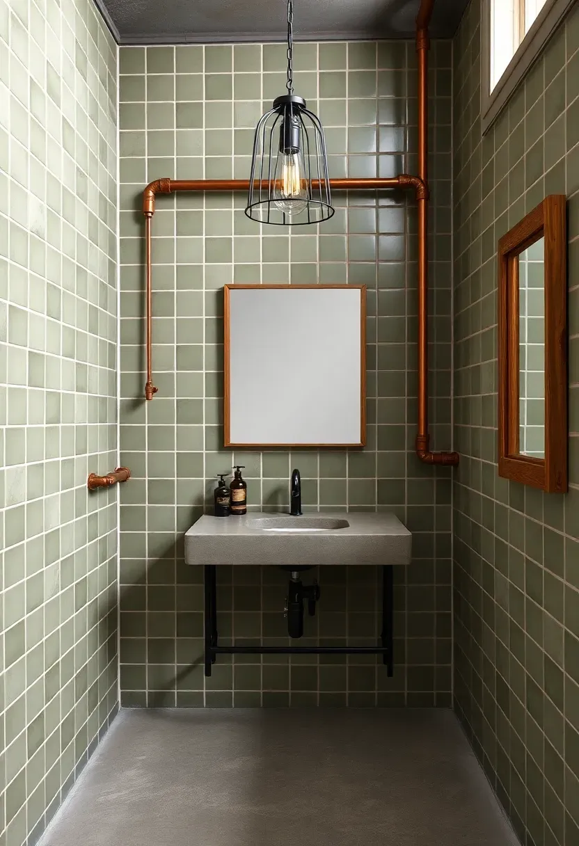 Industrial bathroom with khaki green tiled walls, exposed copper pipes, concrete vanity, and wire cage pendant light