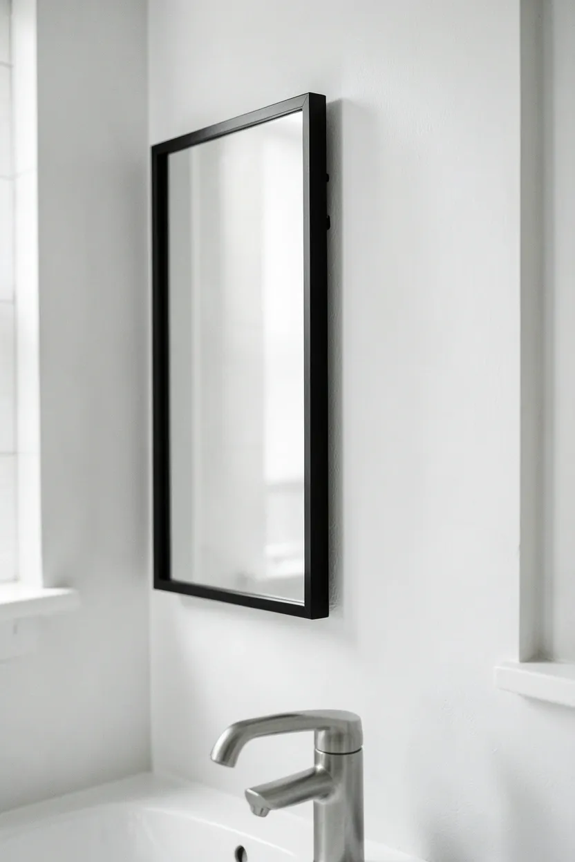 Large black frameless vanity mirror above a white bathroom sink with integrated LED border — sleek minimalist modern look