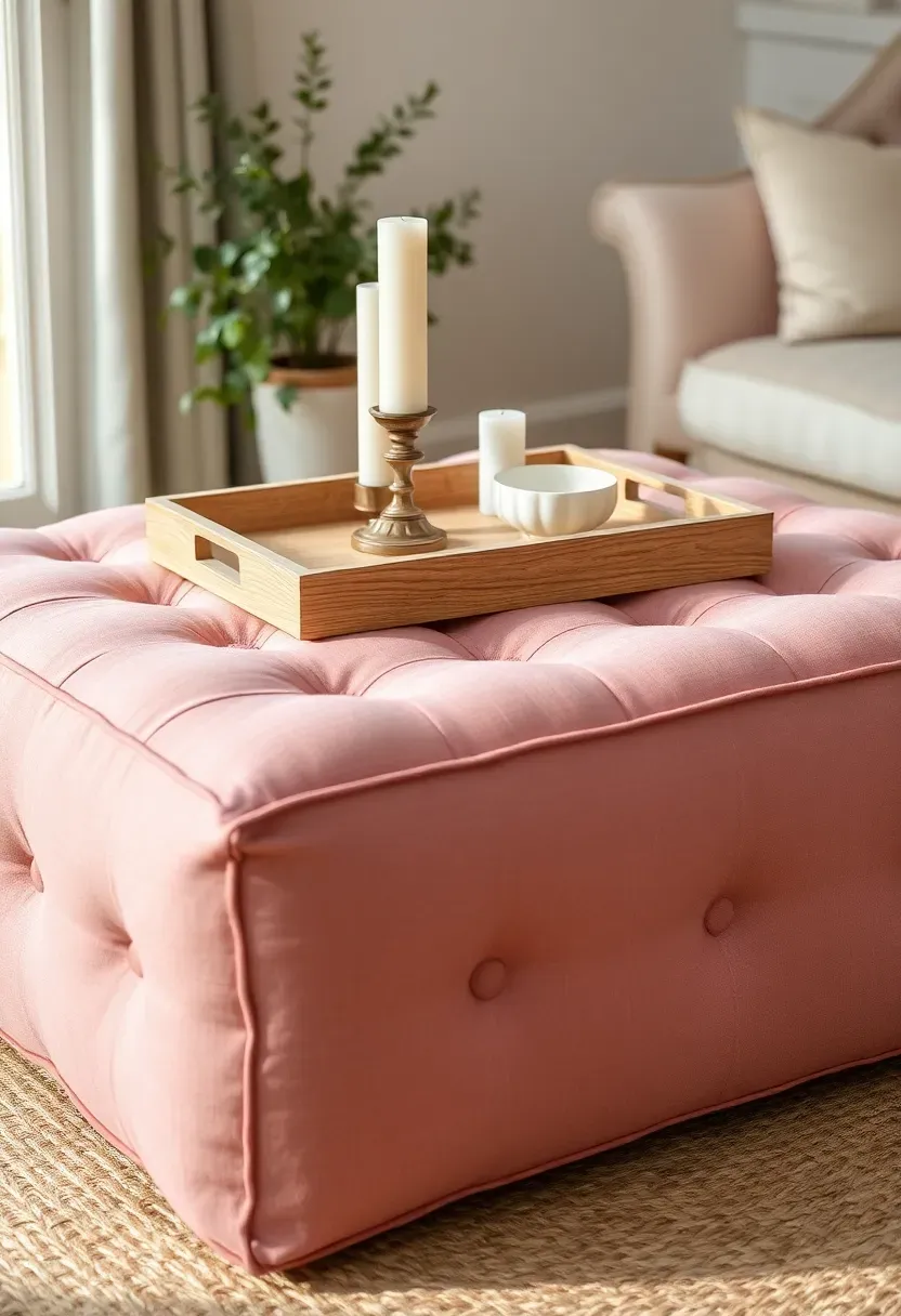Linen-upholstered tufted ottoman with a vintage wooden tray holding candles and books