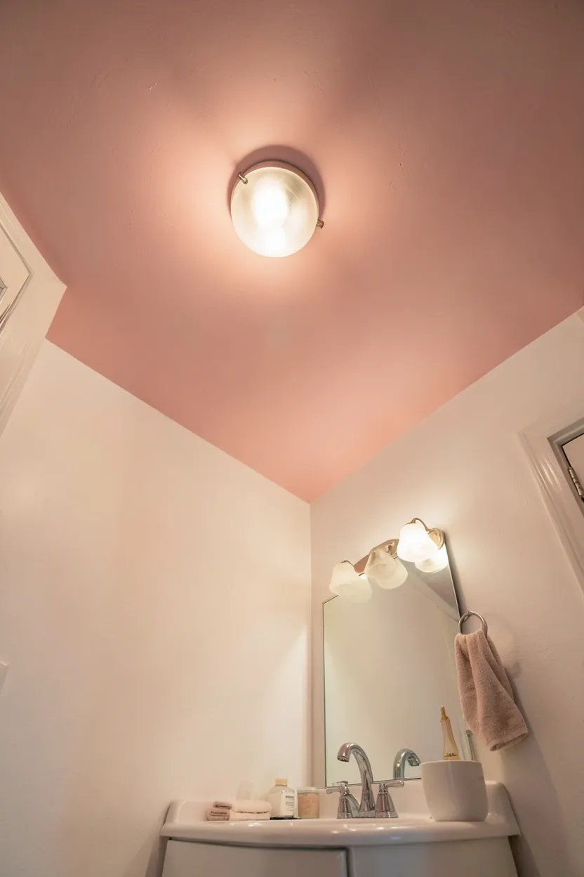 Soft pink painted bathroom ceiling creating a cozy intimate atmosphere, unexpected pink bathroom design choice that adds warmth
