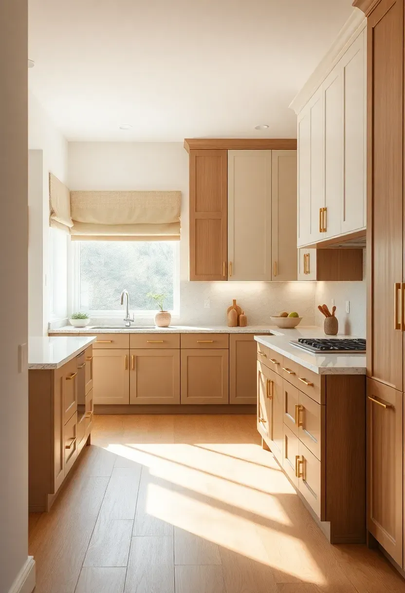 Hyper-realistic 3/4 view of a monochromatic warm neutral kitchen with layered cream, beige, taupe, and warm wood tones. Materials: cream walls, taupe painted lower cabinets, warm beige upper cabinets, warm quartz countertops with subtle movement, warm oak flooring, brass hardware. Soft natural light creating subtle shadows between tonal layers, warm ambient lighting. Visible kitchen island in warm taupe with cream barstools and warm beige window treatments. Layered neutral mood. Shallow depth of field showing tonal variations, sharp cabinet details. No text, no logos, no watermarks.</p>