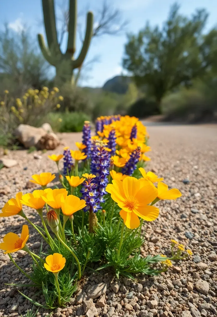 Strip of native Arizona wildflowers including poppies, lupines, and desert marigolds blooming along a decomposed granite pathway in spring sunlight