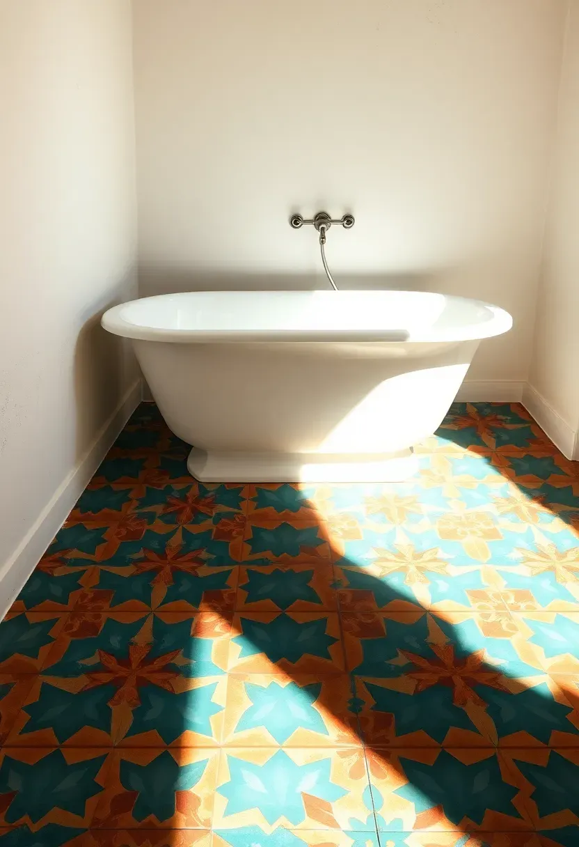 Zellige style glazed floor tiles in soft sage green on a bathroom floor with brass fixtures and linen towels