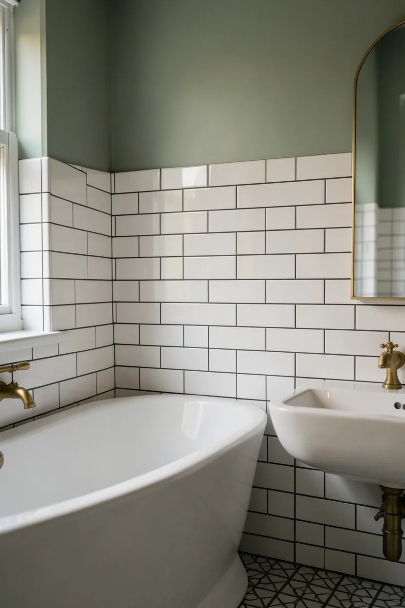 White matte subway tiles with charcoal dark grout lines creating high-contrast grid pattern in a British bathroom