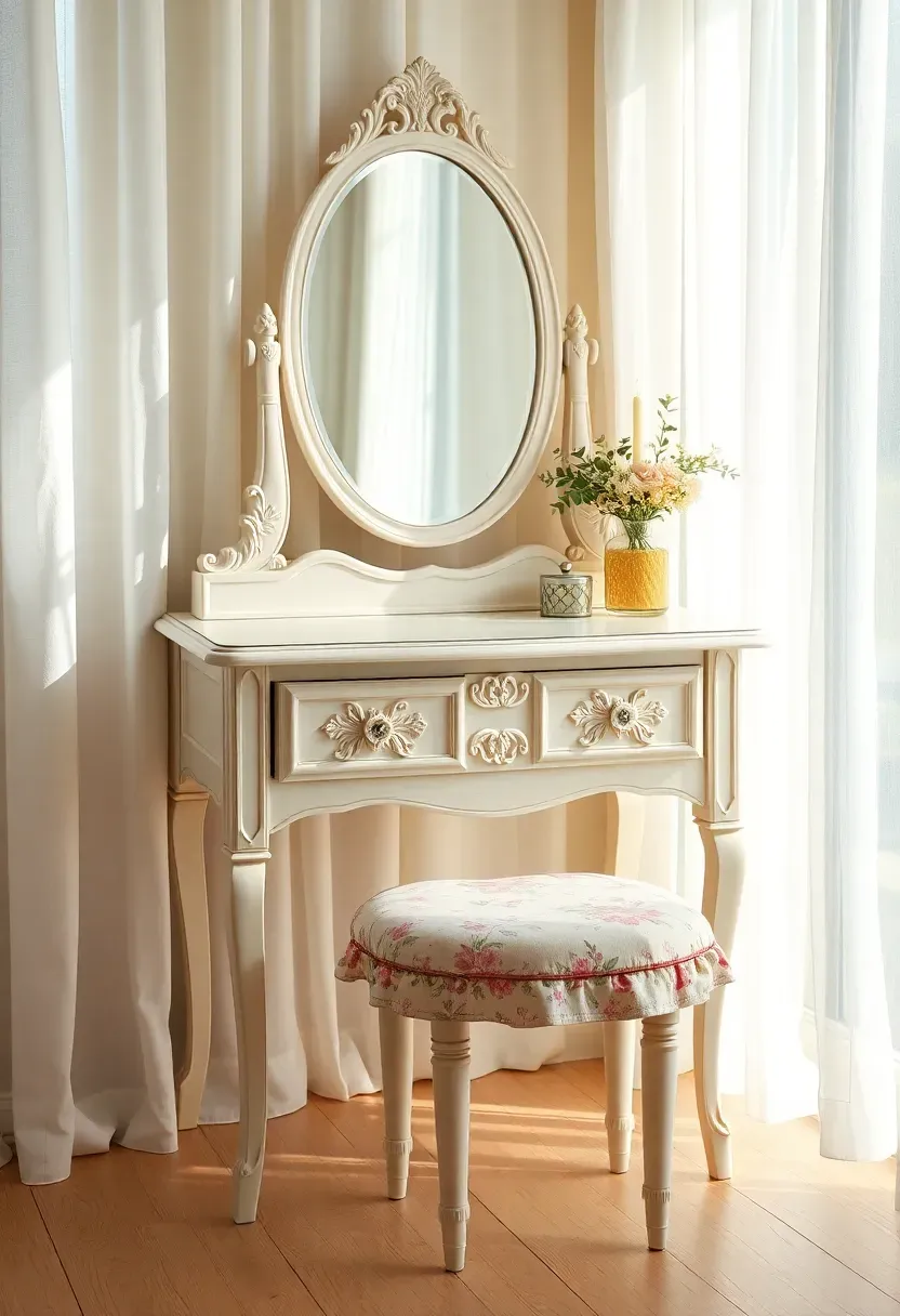 Vintage vanity dressing table with oval mirror, carved details, and small drawers in antique white finish with a cushioned stool