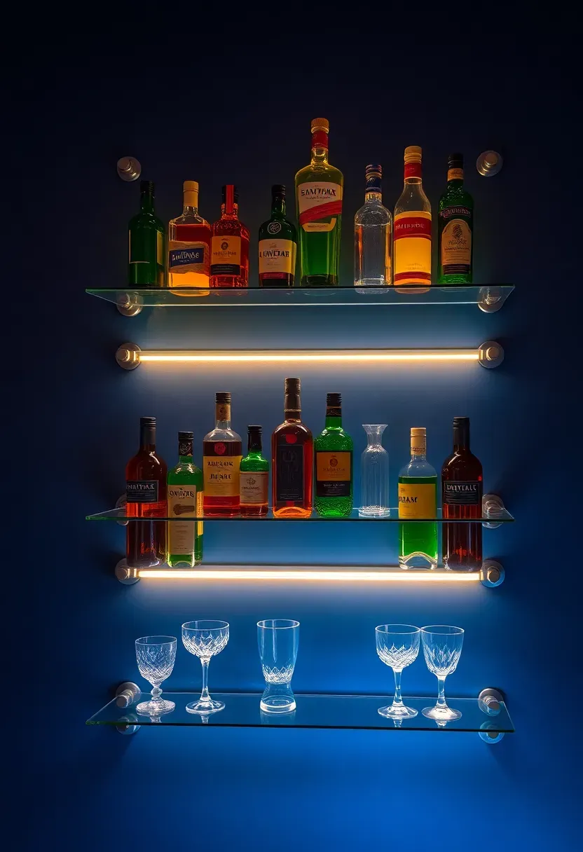 basement bar with LED backlit glass shelving displaying colorful bottles and glassware against a dark wall with soft blue glow