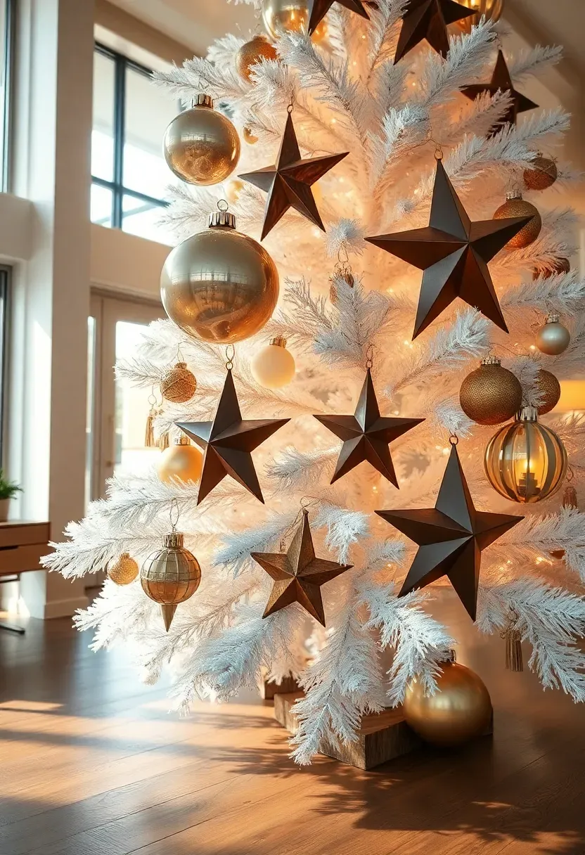 Hyper-realistic 3/4 view of a white Christmas tree decorated with oversized ornaments (8-12 inches) including large glass spheres, dramatic stars, and substantial wooden shapes, with generous spacing between ornaments. Materials: white flocked pine branches, large glass orbs, oversized metal stars, substantial wood ornaments, warm white LED lights. Bright room light with warm accents (3500K), creating shadows from large ornaments on wood floor. Modern minimal mood, shallow depth of field with large ornament details sharp, visible room context with high ceilings and spacious layout. No text, no logos, no watermarks.</p>