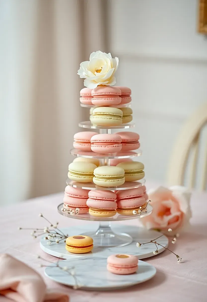pastel macaron tower display at baby shower brunch with soft pink mint and lilac macarons stacked on a clear tiered stand surrounded by baby breath flowers