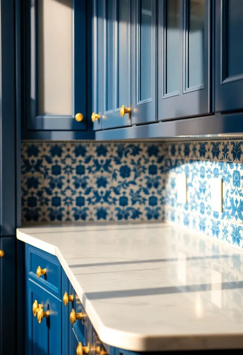 blue and white patterned ceramic tile backsplash in mediterranean style kitchen with dark navy cabinets and white countertops