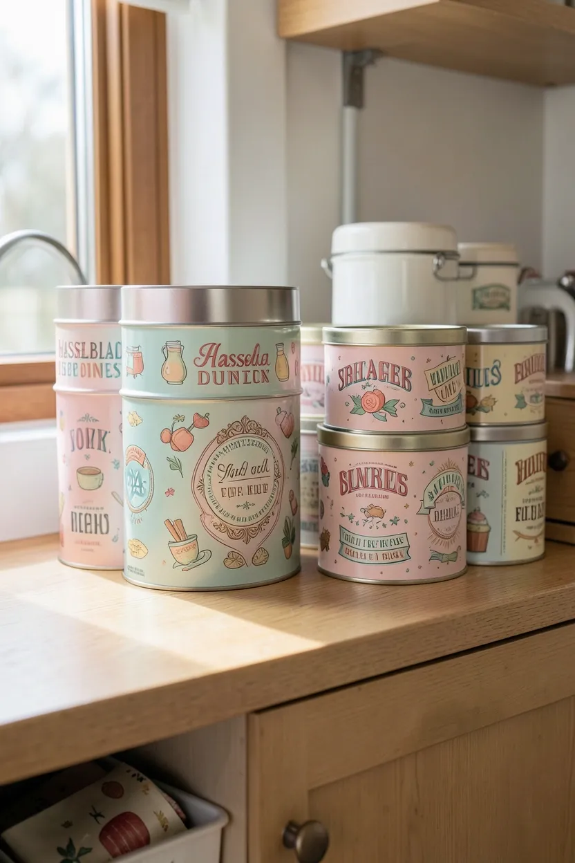 Pastel vintage-inspired ceramic canisters with retro lettering on a kitchen counter — charming storage for flour, sugar, and coffee