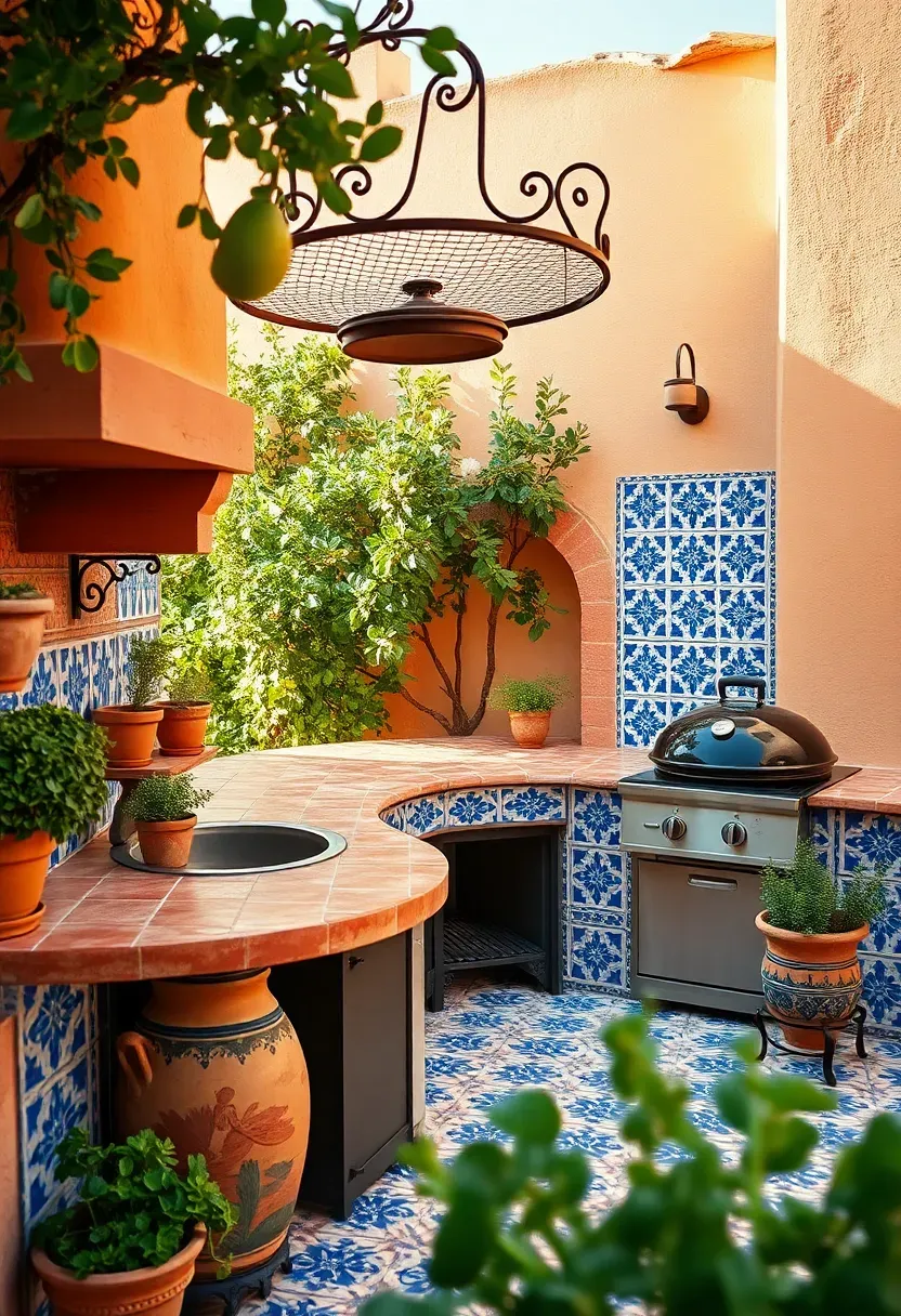 Hyper-realistic 3/4 view of a Mediterranean outdoor kitchen with hand-painted blue and white tile backsplash, terracotta tile countertop, wrought iron pot rack hanging above, built-in charcoal grill, and clay planters with herbs. Materials: terracotta tiles, hand-painted ceramic tiles, wrought iron, stucco walls. Warm golden sunlight, vibrant blue and terracotta color palette with green herbs. Old-world romantic mood, shallow depth of field with sharp focus on tile details and ironwork, lemon tree in background. No text, no logos, no watermarks.</p>