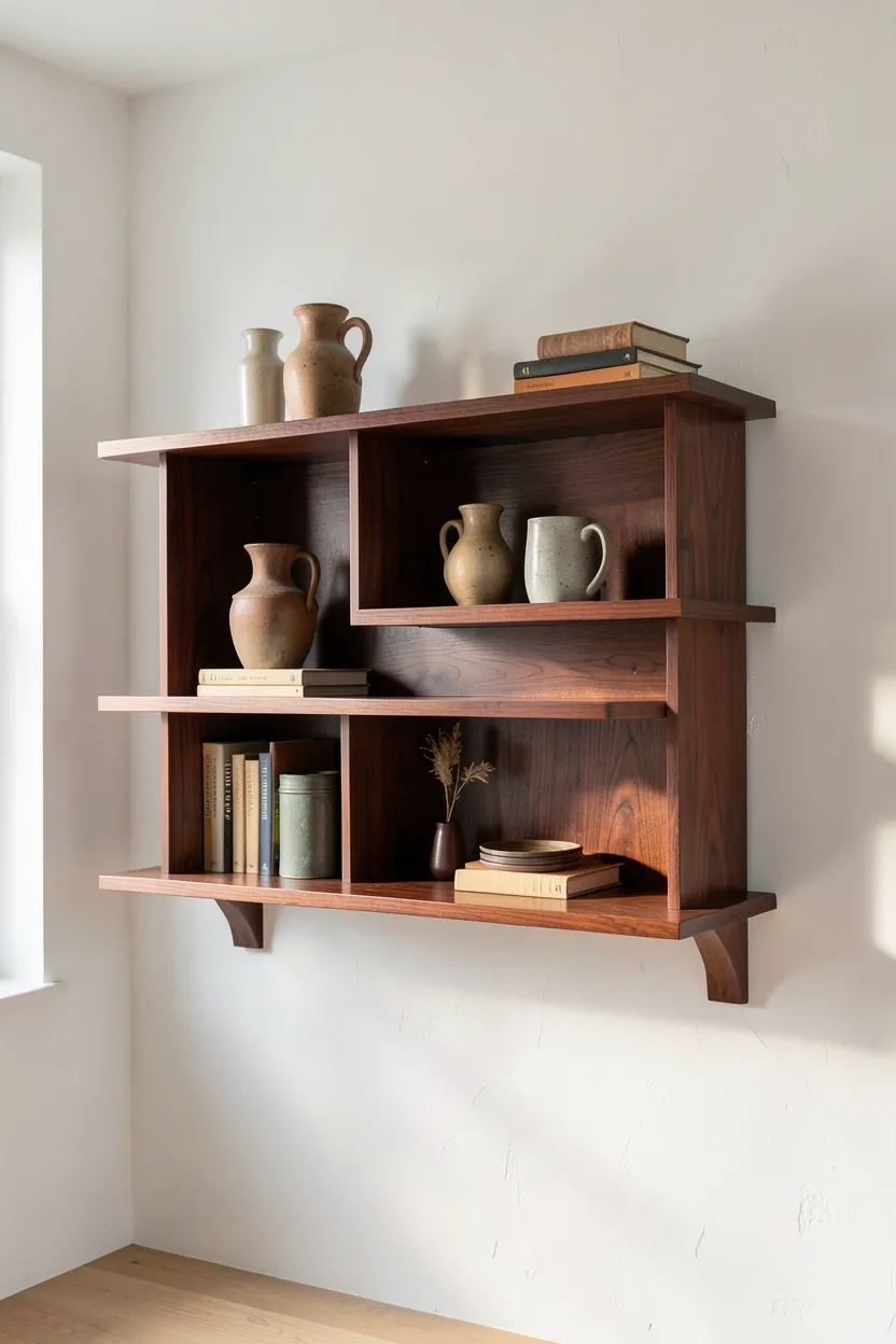 Wall-mounted rosewood floating shelves displaying ceramics and books against a white wall in a vintage Scandinavian living room