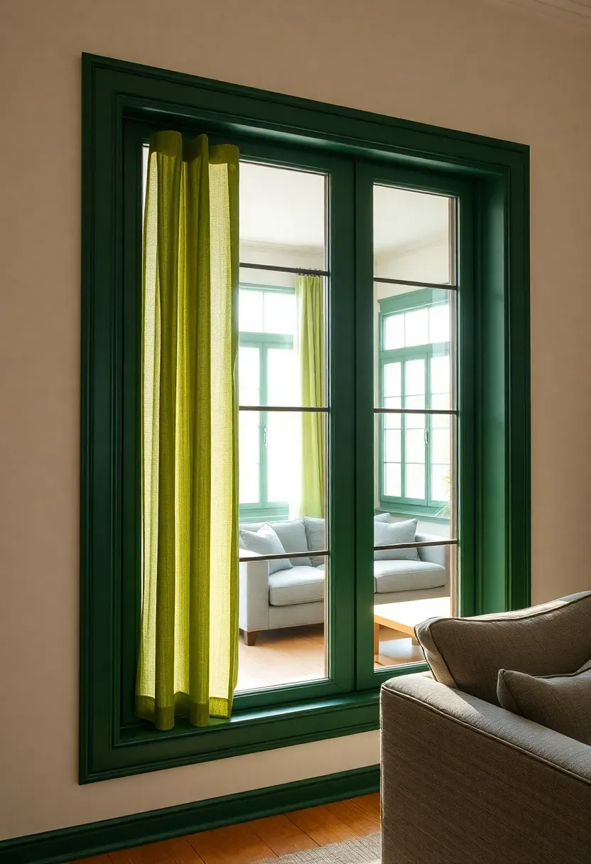 Hyper-realistic view through large living room window with forest green trim and casing, cream walls, light filtering through sheer green curtains, gray sofa and oak table visible in room. Materials: satin forest green paint on window trim creating subtle sheen, cream wall paint, sheer green fabric curtains, light oak floor, gray linen sofa. Natural daylight streaming through green-trimmed window illuminating the room, visible second window in background with consistent green trim treatment. Sharp focus on window detail, no text or logos.</p>