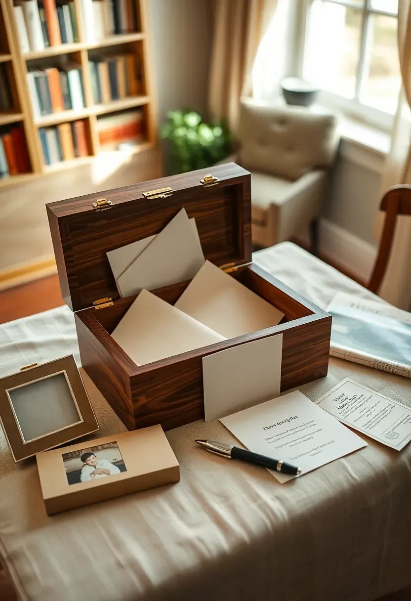 time capsule gift station at baby shower with decorated box letters and sealed envelopes