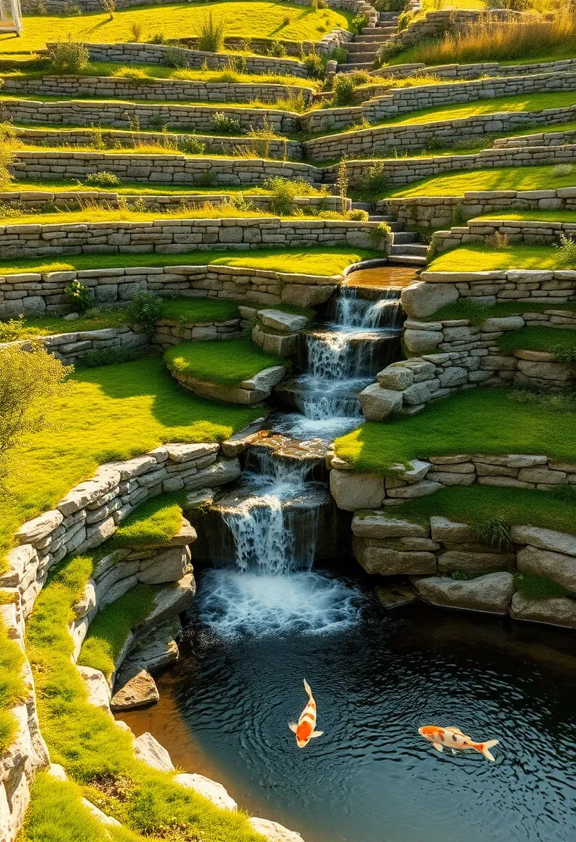 Terraced hillside koi pond system with water cascading between three levels on a sloped backyard