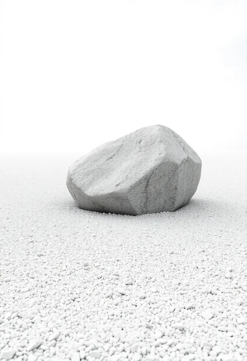 Single large pale granite boulder centered in a vast field of meticulously raked white gravel in a minimalist Japanese garden, photographed from ground level