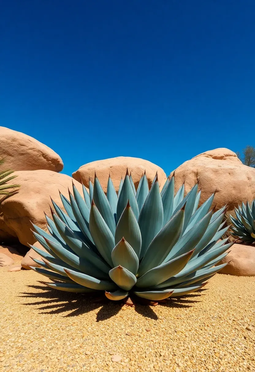 Desert garden with large blue agave specimens surrounded by rounded desert boulders and golden gravel under a clear hot sky