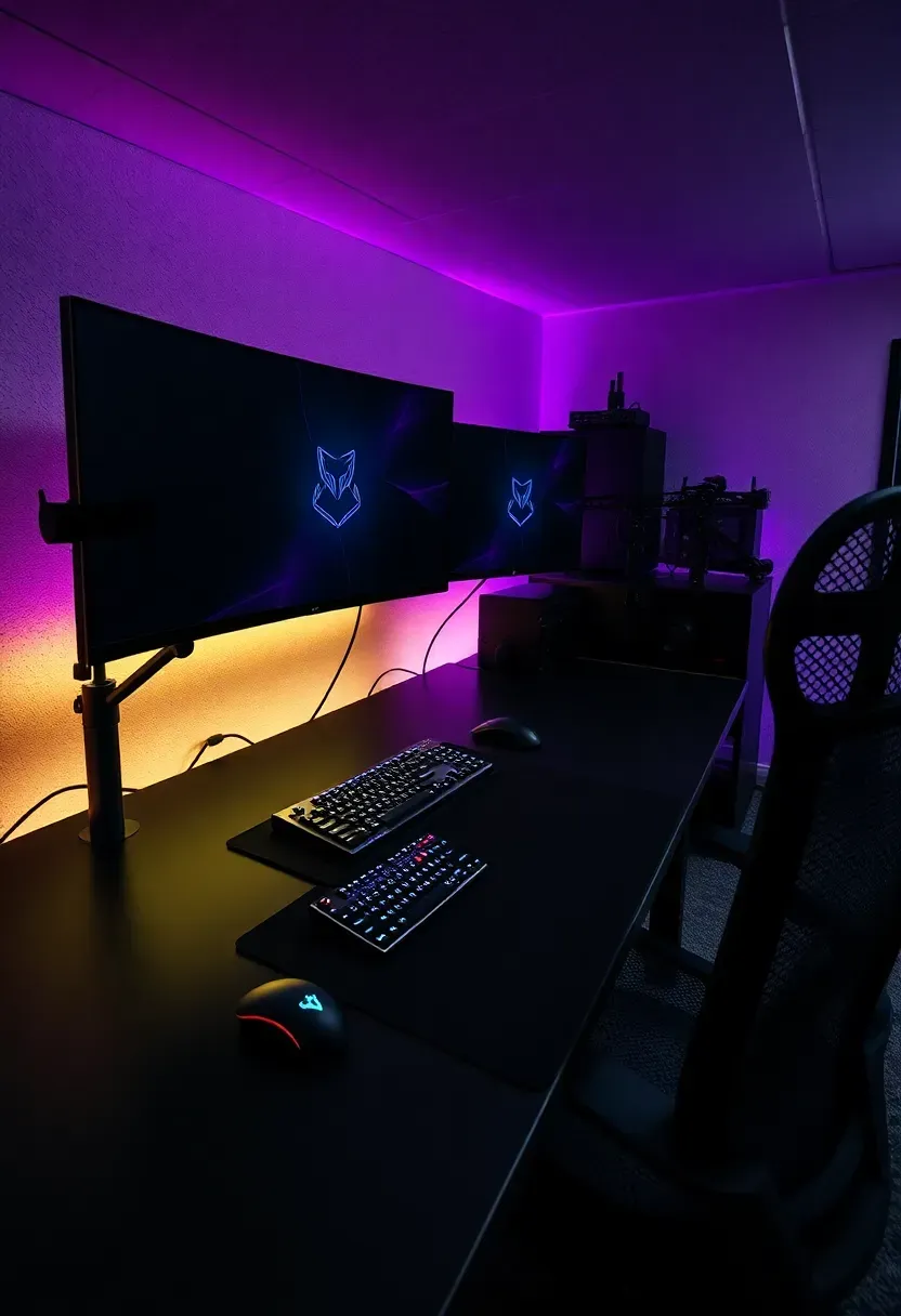 dedicated PC gaming battlestation in a basement with dual monitors RGB lighting and ergonomic chair