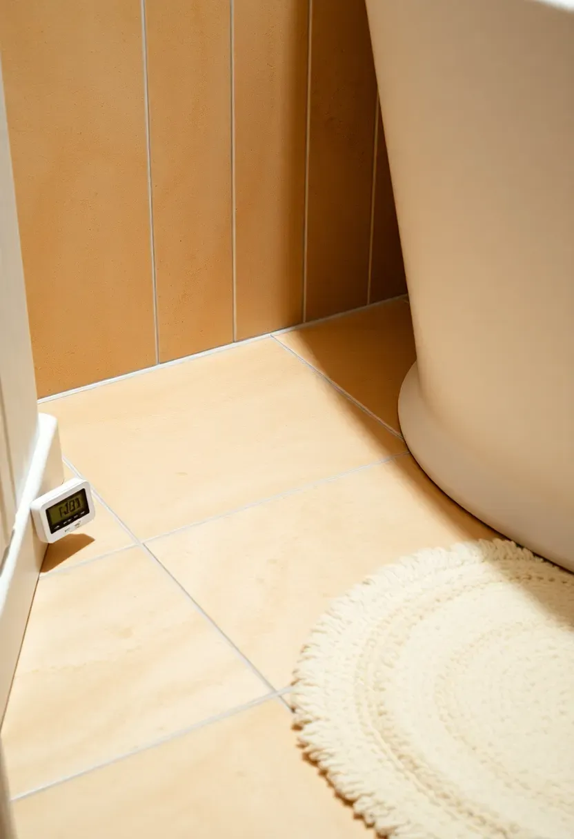 Basement bathroom with heated tile flooring showing a floor-level thermostat and warm beige ceramic tiles