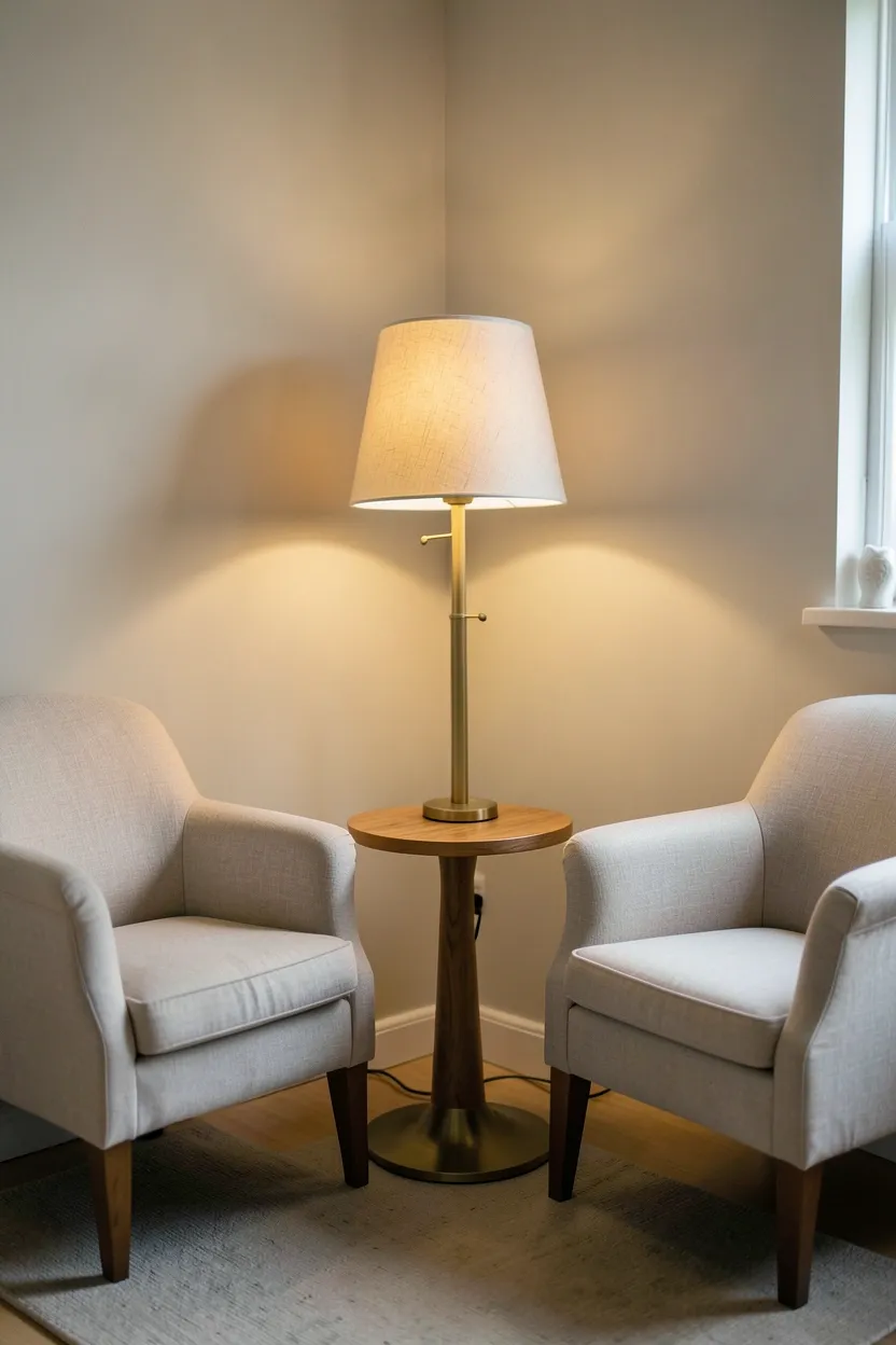 Two farmhouse armchairs angled in a cozy corner seating arrangement with floor lamp and round side table