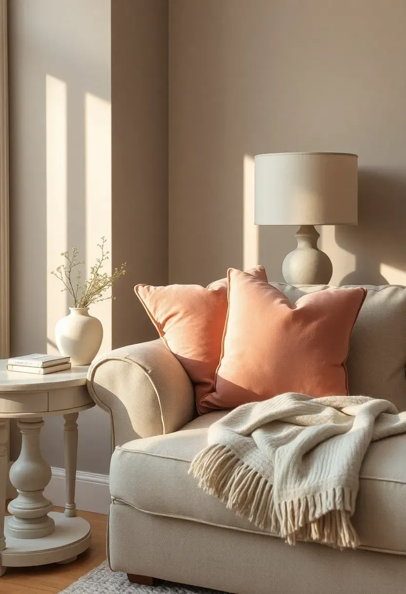Modern shabby chic living room in soft warm gray palette with blush pink accent pillows, aged wood furniture, and linen sofa