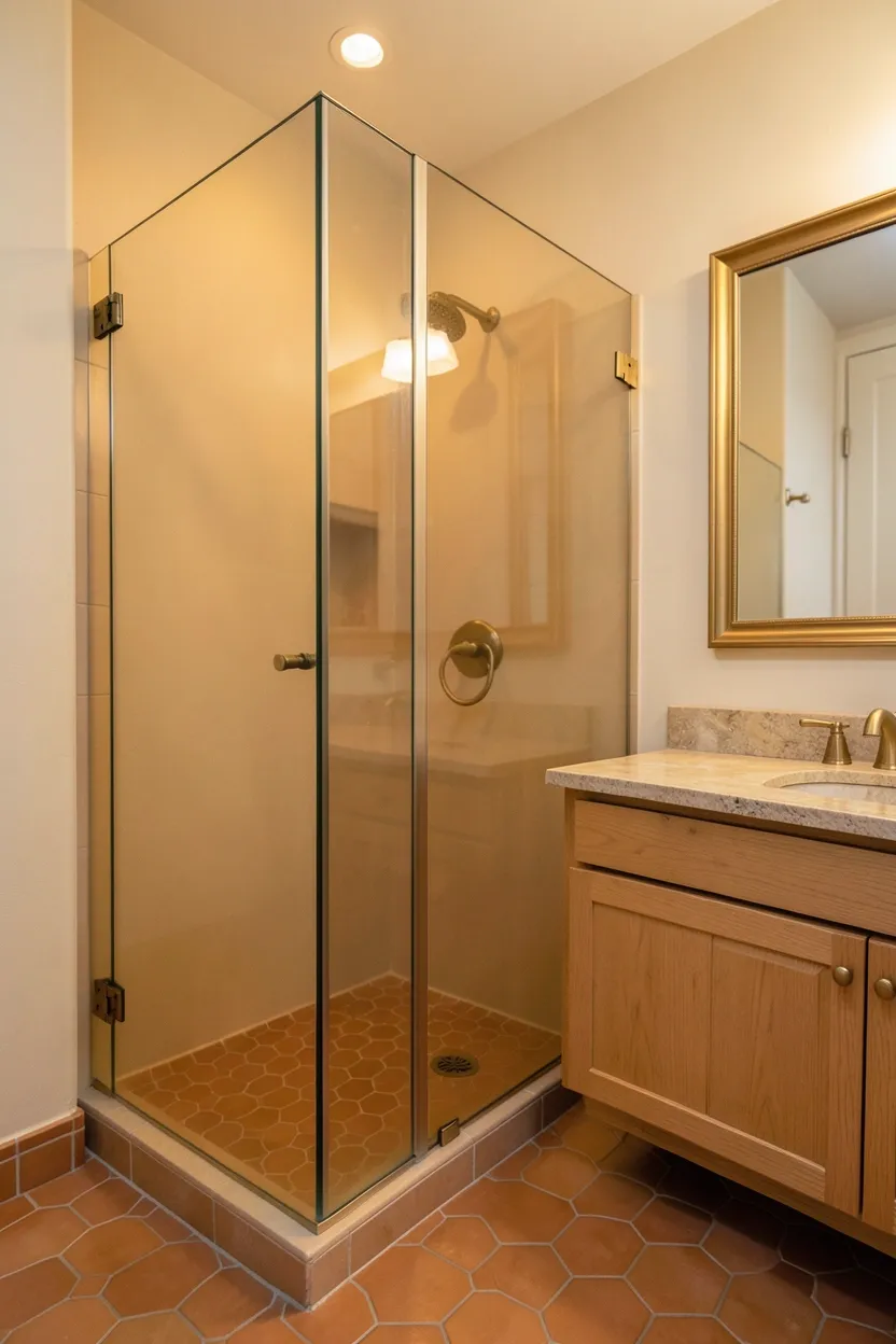 Hyper-realistic 3/4 view of a bathroom with warm-toned glass shower partition. Frameless glass enclosure with subtle warm amber tint separates shower area. Floor features warm terracotta hexagonal tiles. Light oak vanity with stone top visible through glass. Warm ambient lighting reflects subtly through warm-toned glass. Neutral cream walls. Brass fixtures. Mirror with brass frame above vanity. Clean surfaces. No text, no logos, no watermarks.</p>