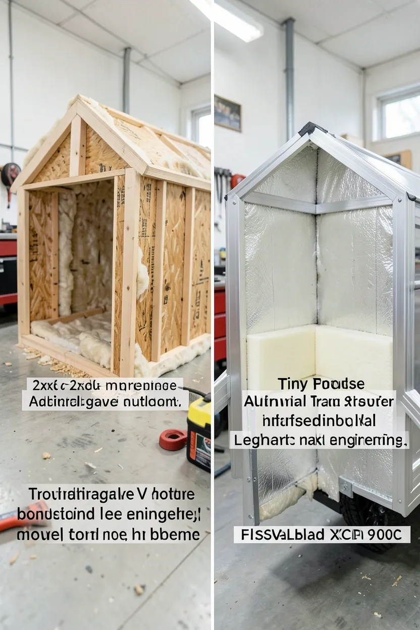 Tiny house wall framing with 2x6 residential construction next to lightweight aluminum RV wall panel showing engineering differences