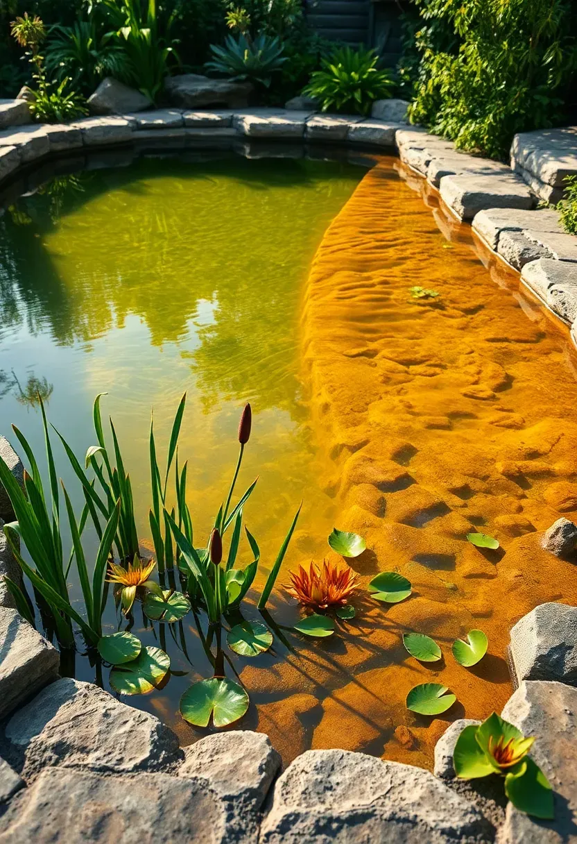 Natural swimming pool with regeneration zone of aquatic plants and stone edges