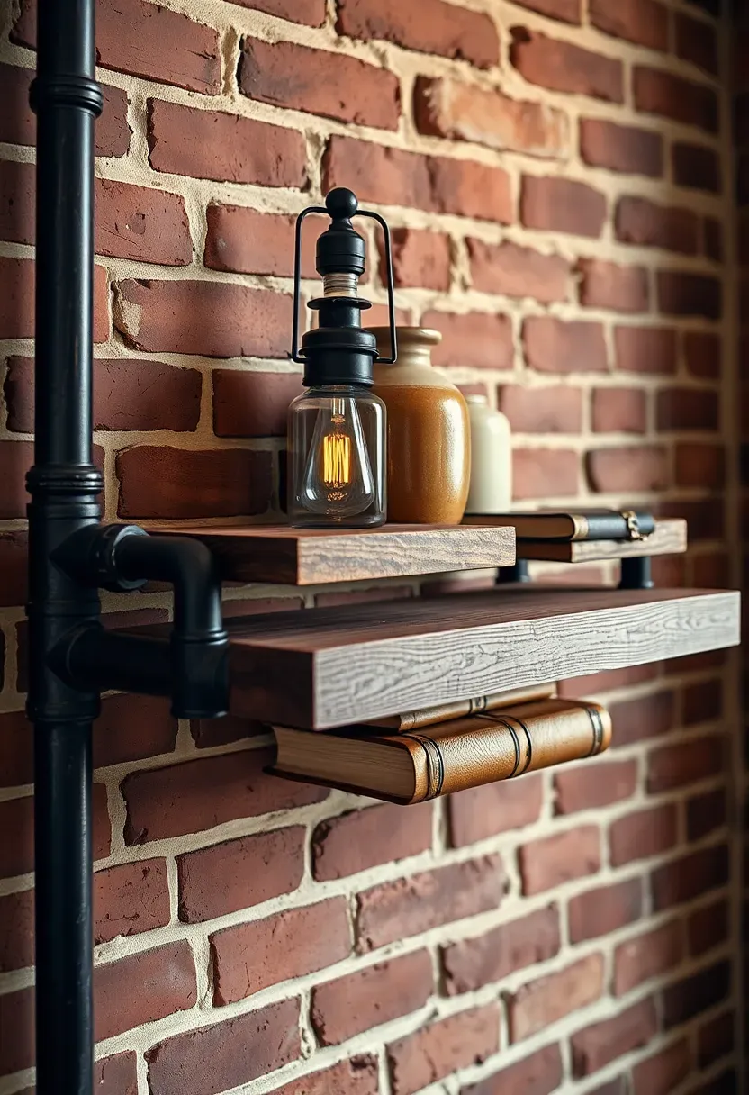 Industrial pipe and reclaimed wood shelf with black iron pipe brackets, styled with vintage industrial objects and Edison bulb