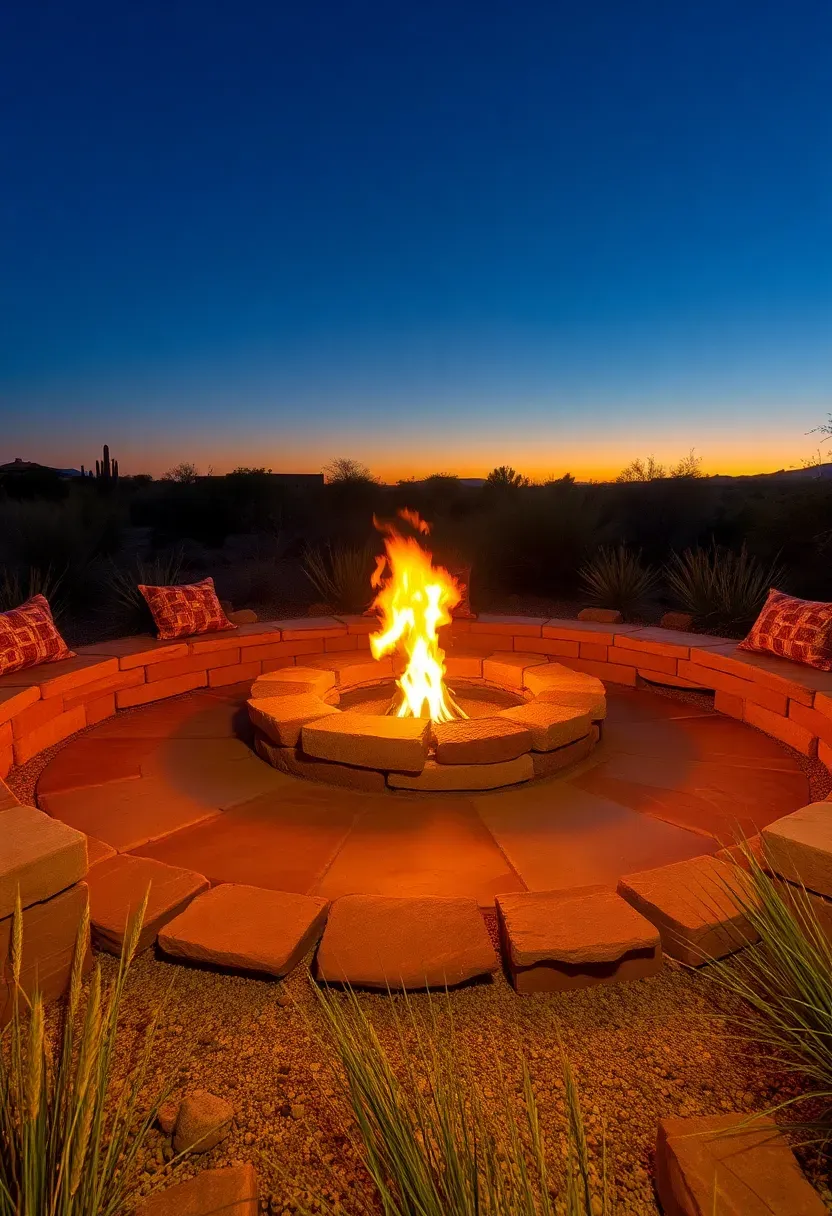 Circular flagstone fire pit with built-in bench seating surrounded by desert grasses and warm amber firelight under a clear Arizona evening sky