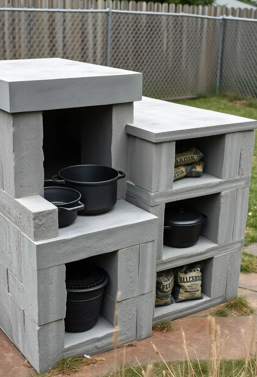 DIY cinder block outdoor kitchen island with a charcoal grill insert, concrete countertop, and open shelving holding cast iron cookware in a budget backyard setup