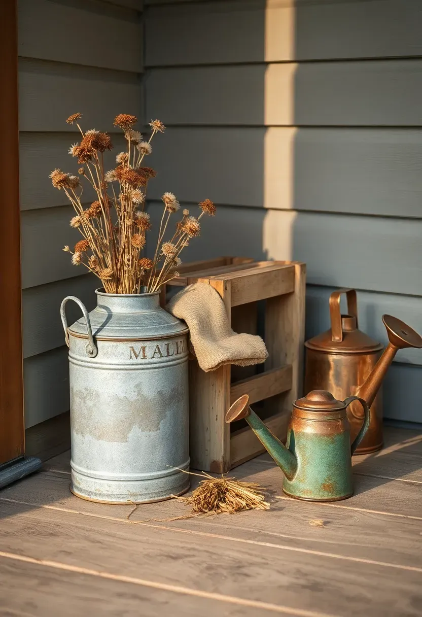Vintage metal milk can, weathered wooden crate, and antique watering can arranged on a rustic porch corner