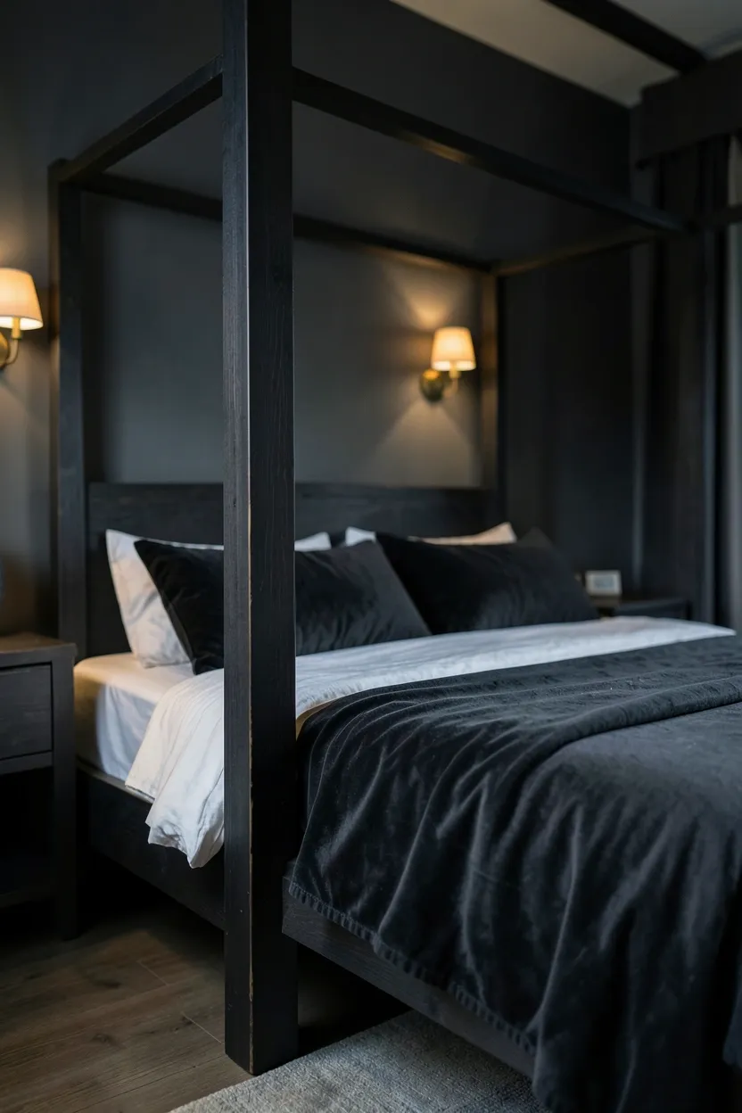 Dark boho bedroom reading nook with deep brown leather accent chair, floor lamp, and natural fiber rug on wood floor