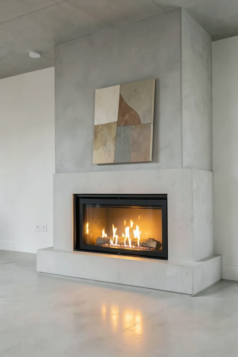 Sleek frameless fireplace with light gray concrete surround extending to the ceiling in an industrial minimalist living room with dried branch arrangement on the mantel