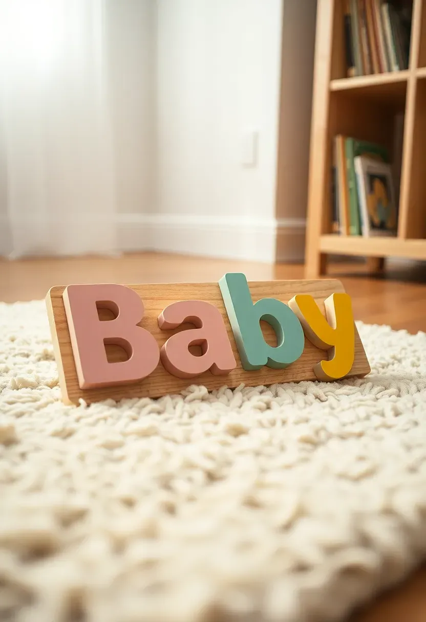 handcrafted wooden name puzzle with pastel colored letters spelling a baby name on a nursery floor
