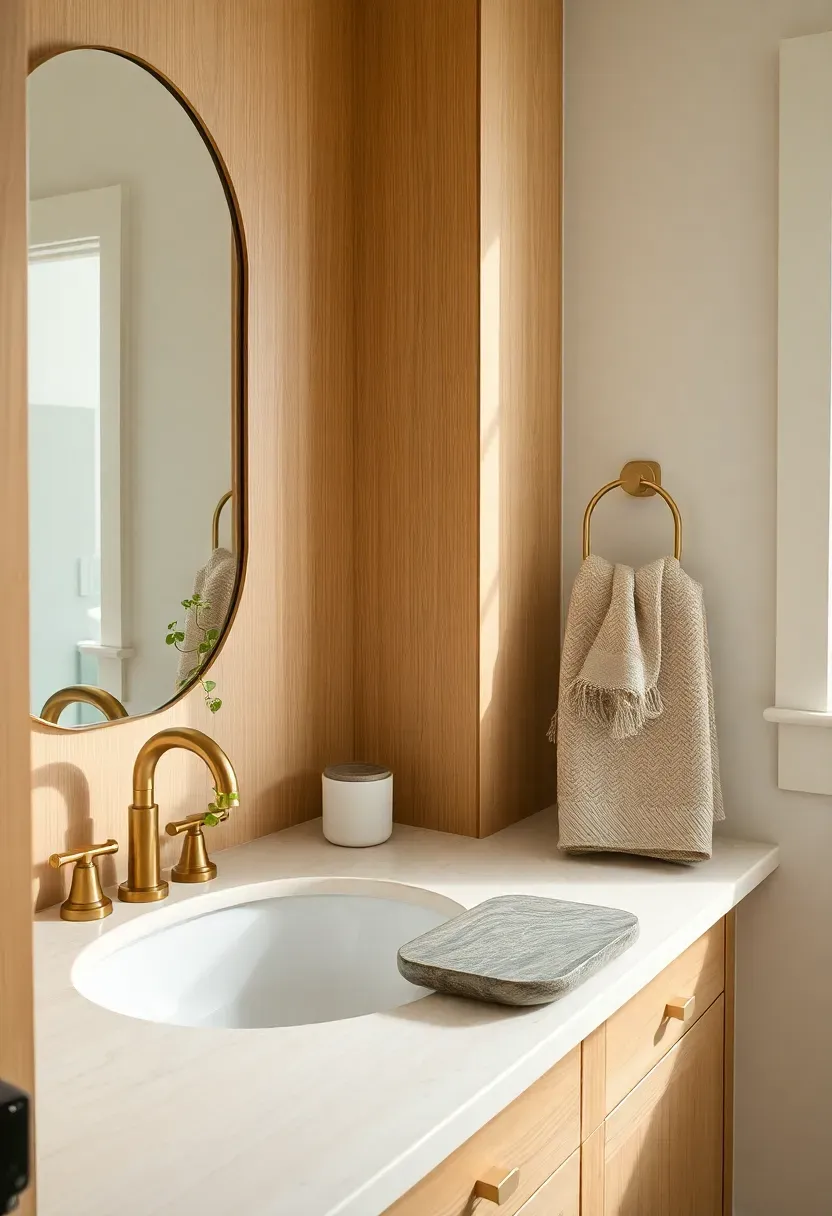 fully decorated bathroom with consistent warm neutral palette wood brass and linen
