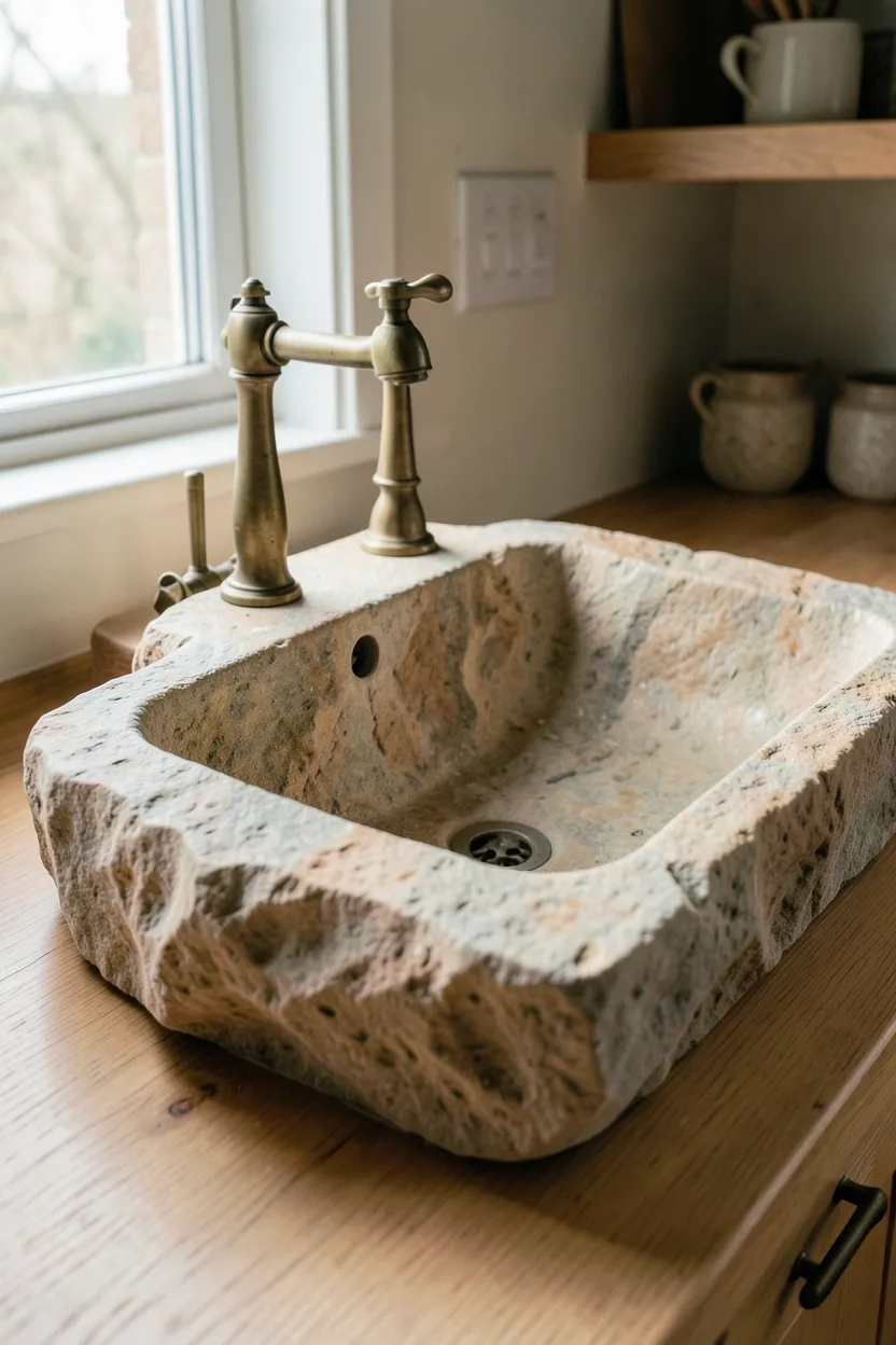 Hyper-realistic eye-level photograph of a boho kitchen with a natural stone sink basin. The sink is made of rough-hewn stone with natural variations in color from warm beige to light grey. The stone has visible natural texture and slight surface irregularities. The basin sits on light wood countertop. A brass faucet with vintage style extends over the sink. Natural light streaming through window highlighting the stone texture. Materials: natural stone, light oak, brass. Organic and earthy boho mood. Sharp focus on the stone texture and basin details. No text, no logos, no watermarks.</p>