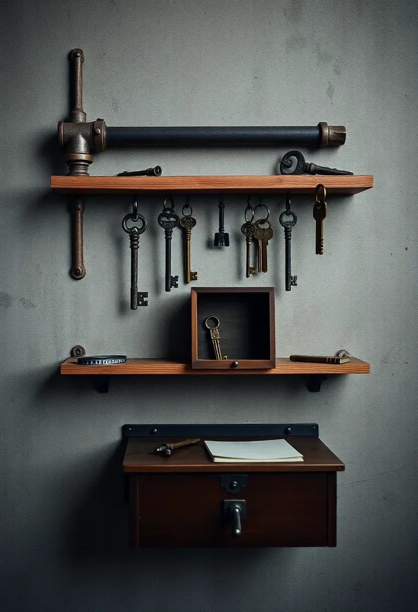 Forgotten keys and locksmith vignette — weathered oak plank on raw concrete wall with antique skeleton keys hanging on nail hooks, a small key cabinet box, and a locksmith's file