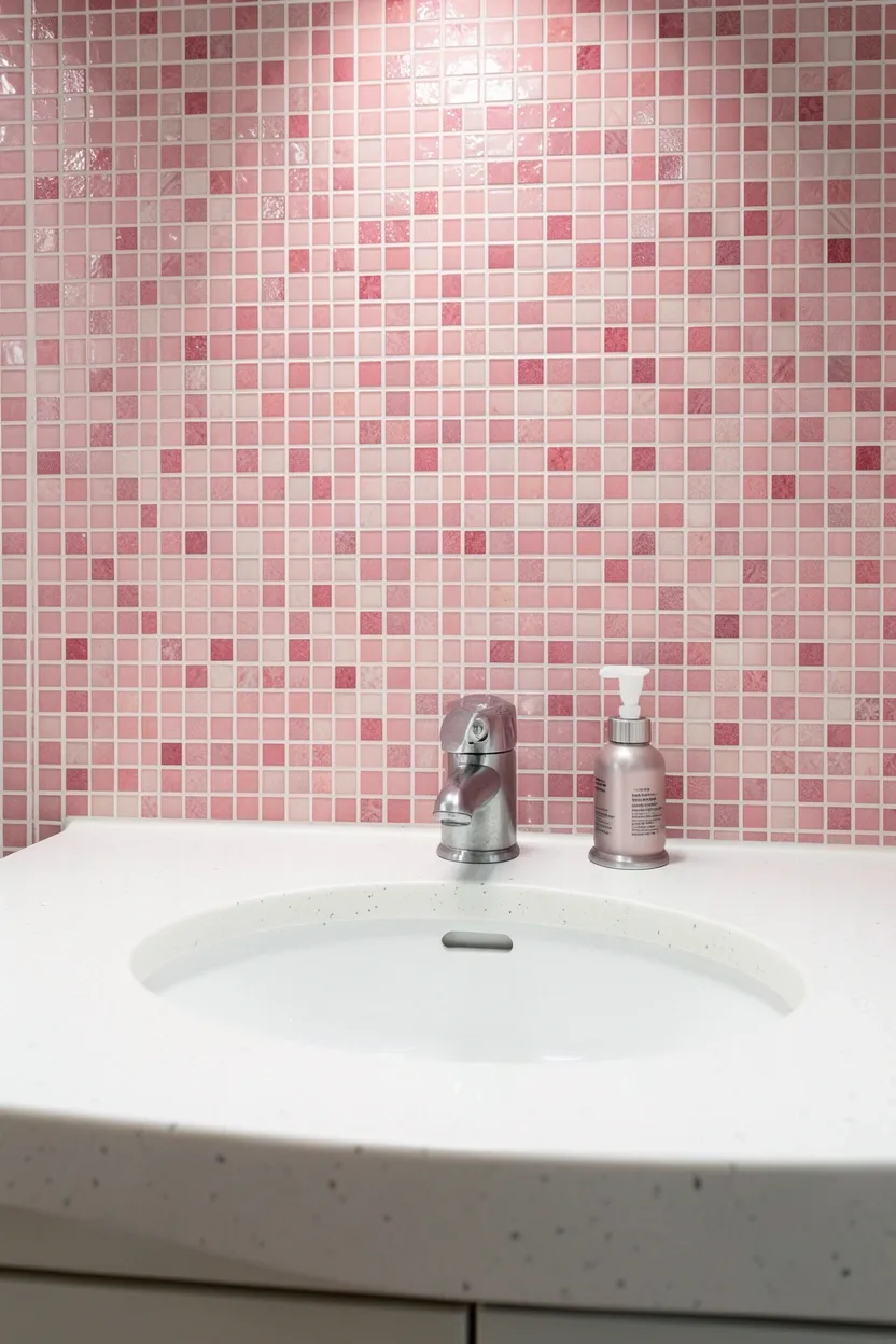Pink mosaic tile backsplash behind bathroom vanity with small tiles in varying rose shades, textured pink bathroom accent wall detail