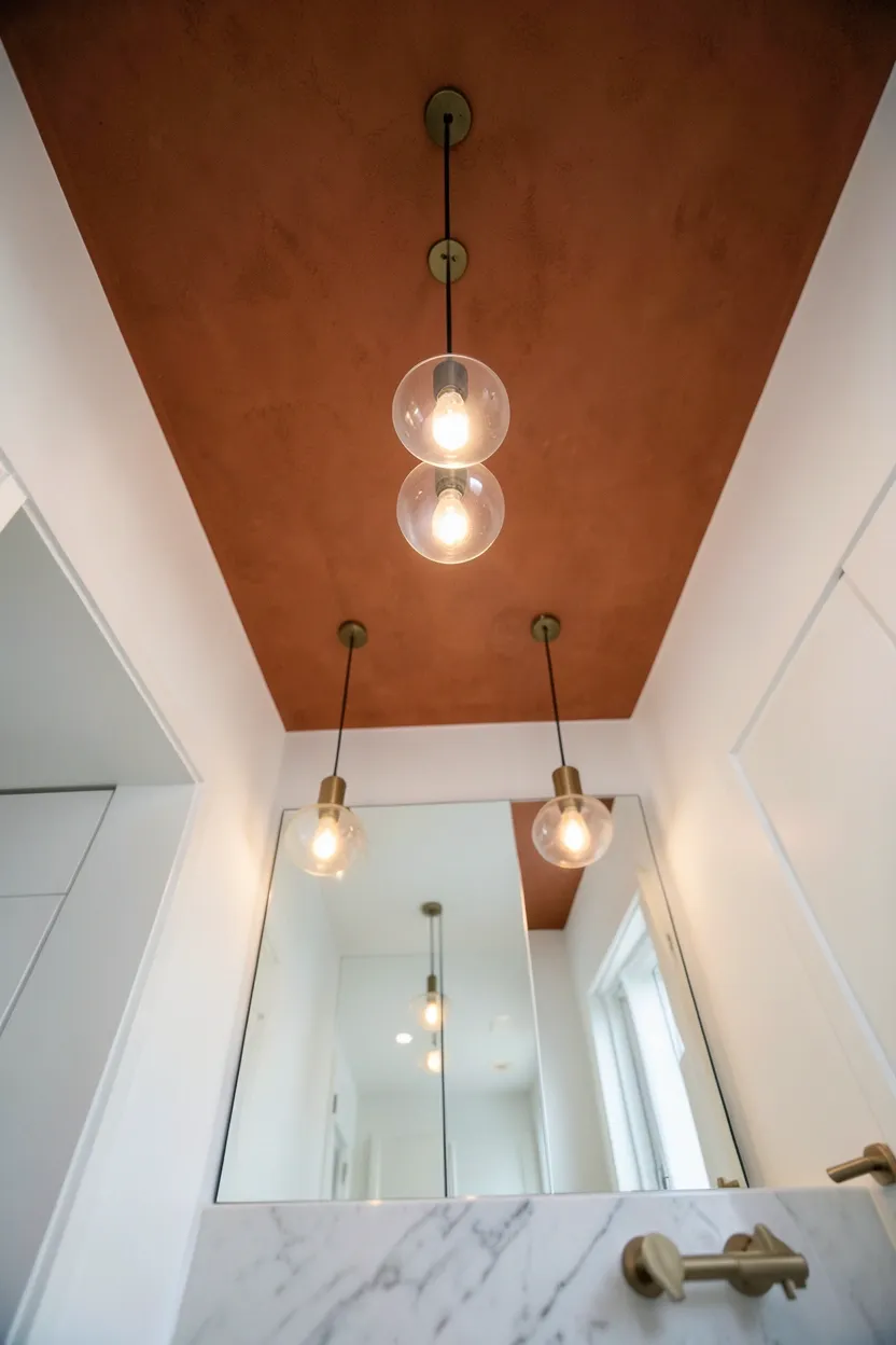 Small terracotta half-bath powder room with tiled walls, vessel sink, large mirror, and warm sconce lighting