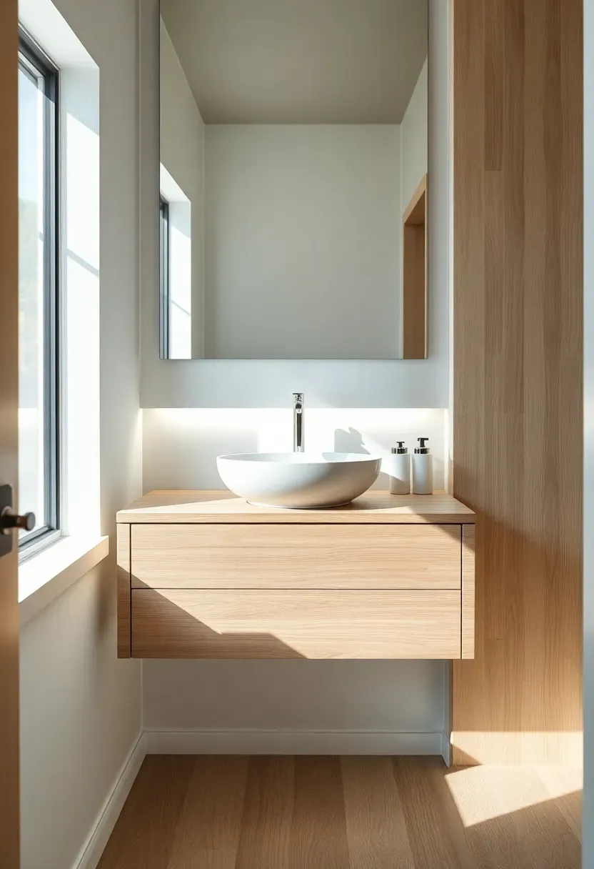 Hyper-realistic front view of floating vanity in modern tiny house bathroom. Materials: white oak vanity, white vessel sink, wall-mounted faucet, LED strip light beneath vanity, large mirror above. Soft daylight from window, creating gentle shadows. Clean modern composition showing floor visible beneath vanity. Minimal styling with few toiletries. No text, no logos, interior design magazine style.</p>