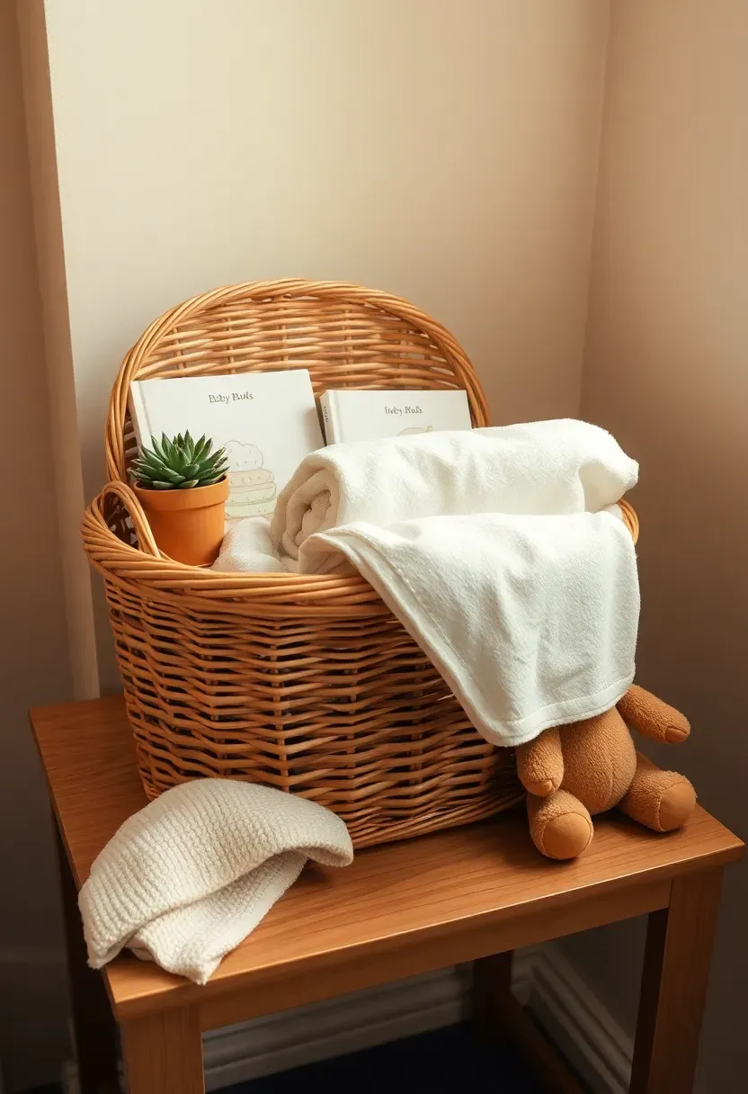 charming wicker basket vignette with folded blankets a potted plant baby books and a small teddy bear arranged on a side table at a baby shower