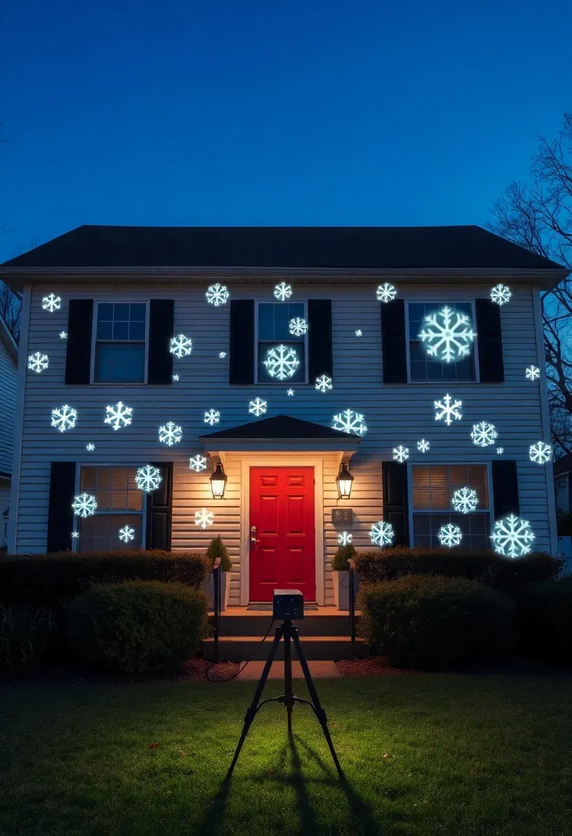 Hyper-realistic front view of a two-story residential home facade covered in animated falling snowflake projection patterns, with the small projector unit visible on a tripod in the front yard. Materials: white vinyl siding, black window shutters, red front door, manicured lawn, shrubbery also catching projection patterns. Natural evening darkness with white snowflake projections creating moving light patterns across entire house front, cool blue ambient sky. Modern magical mood like contemporary holiday technology showcase. Shallow depth of field, sharp details on projection effects, symmetrical composition with visible projector, soft shadows, no text or watermarks.</p>