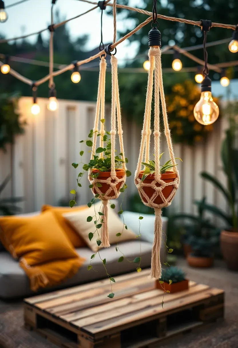 String lights with small hanging macramé planters attached between bulbs suspended over a boho-style backyard seating area at dusk