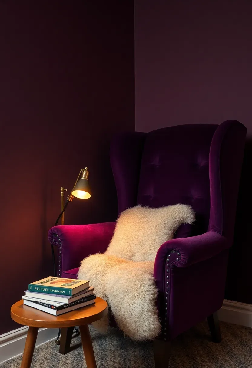 intimate basement reading room with smoky plum walls and velvet seating