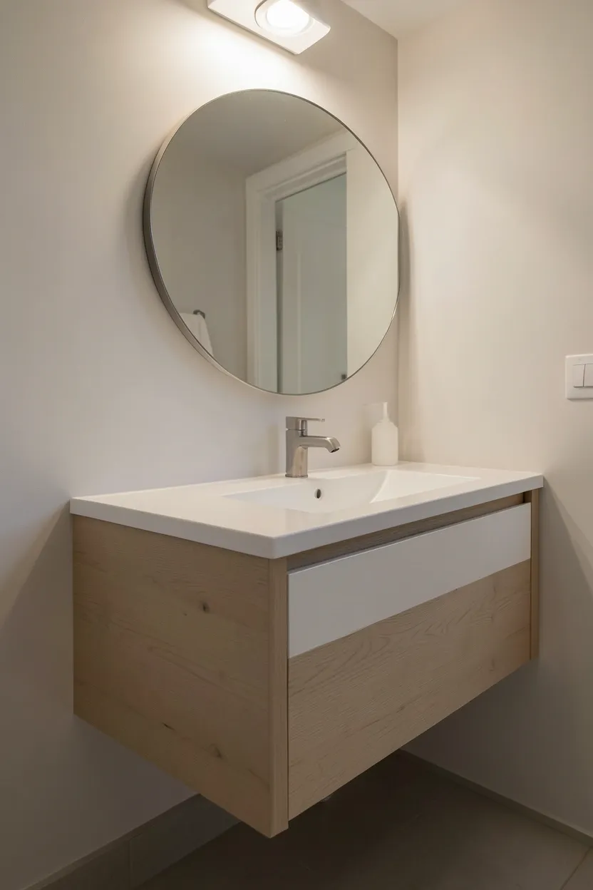 Floating light oak vanity with white drawer fronts and undermount sink in a Scandinavian modern small bathroom