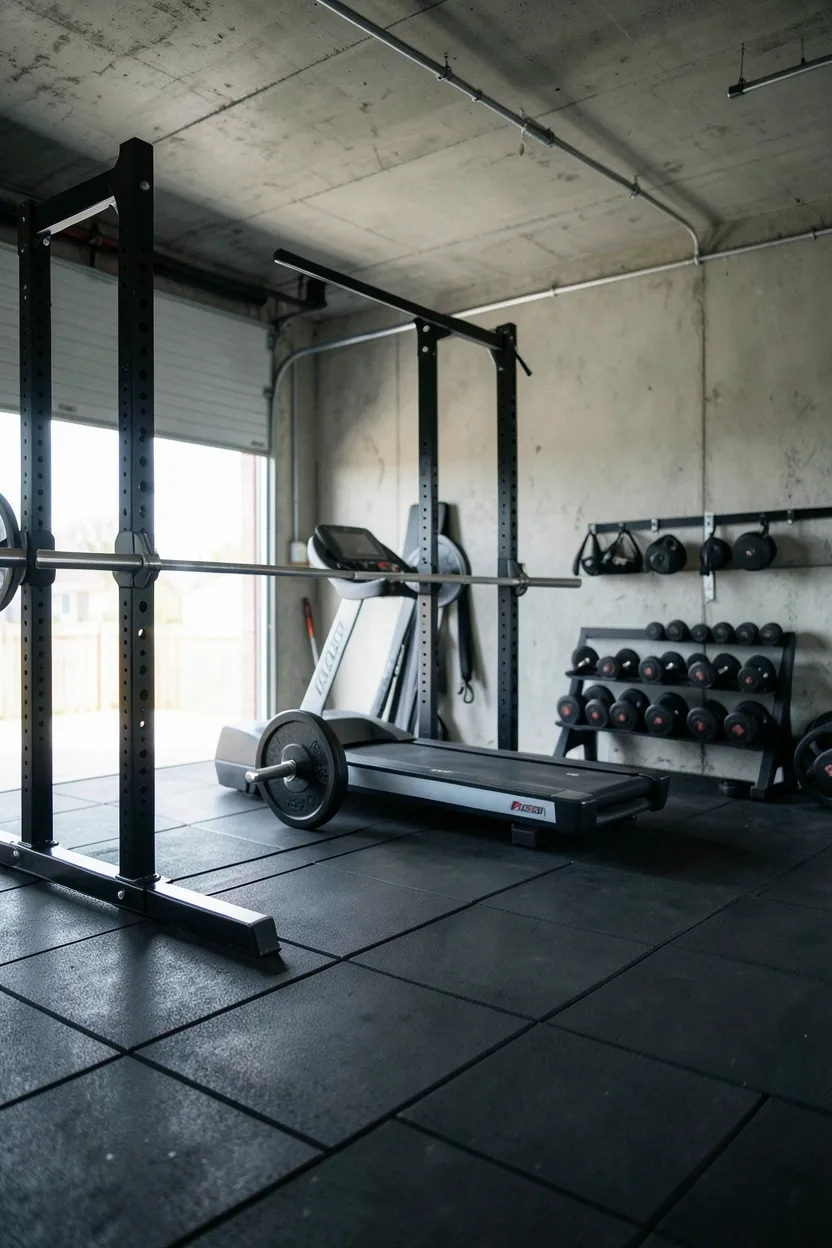 Garage conversion home gym with rubber tiles, wall-mounted weight racks, and bright LED shop lighting