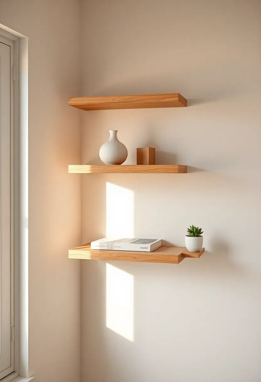 Floating light oak shelves with minimal curated objects